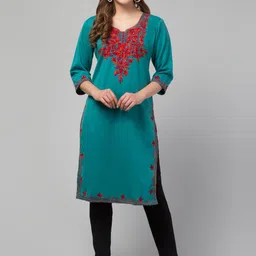 CROWN KING Embroidered Notch Neck Thread Work Straight Woollen Kurta image 1