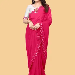 meaven feb Women Embellished Mirror Work Pure Georgette Saree image 5