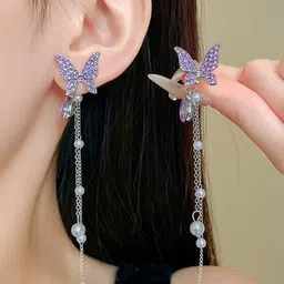 Zaphariq Silver-Plated Cubic Zirconia Studded Tasselled Butterfly Korean Drop Earrings image 3
