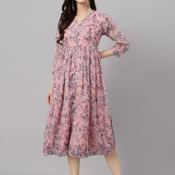 Janasya Women's Pink Chiffon Lurex Floral Printed Flared Dress-picture-40