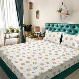 KLOTTHE Cream-Coloured & Yellow Floral Printed 300 TC King Bedsheet Set 2.50 x 2.25 m-image-75