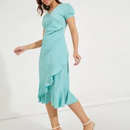 Styli Ruffled Mock Wrap Midi Dress with Puff Sleeves image 3