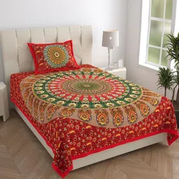 MANDAKINI Red & Green Ethnic Motifs Cotton 144 TC Single Bedsheet Set-1.82 m x 1.21 m-picture-18