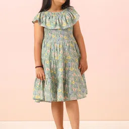 Sangria Girls Floral Printed Cape Sleeve Smocked Tiered Cotton Fit & Flare Midi Dress-image-54