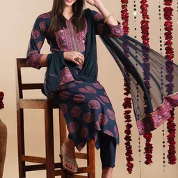 KALINI Ethnic Motifs Printed Regular Gotta Patti Straight Kurta with Trousers & Dupatta-picture-29