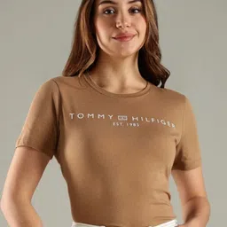 Tommy Hilfiger Women Brand Logo Printed Round Neck Cotton T-shirt-image-11