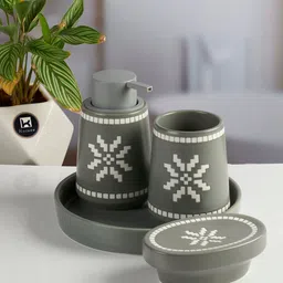 Kookee Grey & White 4 Pieces Ethnic Motifs Ceramic Bath Accessories Set image 2