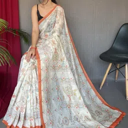 KALINI Orange Cotton Blend Printed Sarees image 4