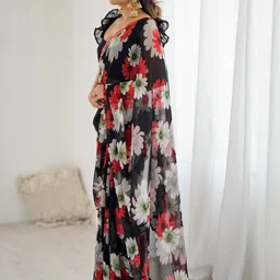 peachmode Black Floral Print Georgette Saree with Unstitched Blouse Piece image 2