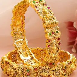 Rubans Set of 2 24K Gold-Plated Ruby & Green Stones Divine Lakshmi Temple Bangles-picture-19