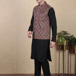 Koshin Mandarin Collar Cotton Silk Straight Kurta With Pyjamas & Nehru Jacket image 3