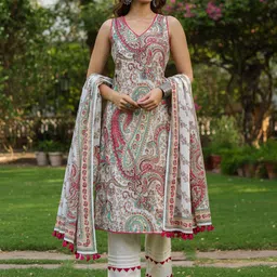 Rain & Rainbow Women Ethnic Printed Regular Pure Cotton Kurta With Trousers & Dupatta-picture-35