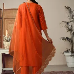 HERE&NOW Ethnic Motifs Embroidered Straight Kurta With Trousers & Dupatta image 3