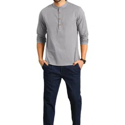 KNOWTED Mandarin Collar Roll-Up Sleeves Straight Short Kurta image 4