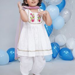 Little Bansi Girls Floral Sleeveless Self Weaving Cotton Kurta Set with Dupatta-picture-32
