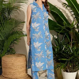 Indo Era Floral Printed Lapel Collar Linen Kurta With Trousers image 5