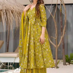 Kedar Fab Women Mustard Ethnic Motifs Printed Angrakha Kurta Palazzos & With Dupatta-picture-16