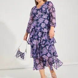 Styli Floral Printed Puff Sleeve Fit & Flare Midi Layered Dress image 5