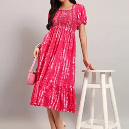 Krunal Raiyani Tie and Dye Print Puff Sleeve Crepe Fit & Flare Midi Dress-picture-20