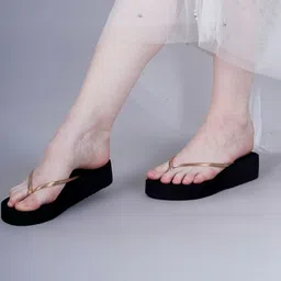 ZOVIM Women Black & Gold-Toned Canvas T-Strap Flats image 3