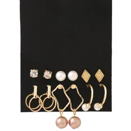 Yellow Chimes Set of 6 Gold-Plated Stone Studded and Pearls Beaded Studs & Hoop Earrings image 2