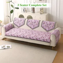 HOKIPO Florentina Series Peony Lavender 6 Pieces Printed 3 Seater Complete Sofa Cover Set-image-7