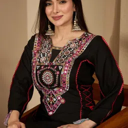 sangria Black Women Soft Rayon Embroidery Work Kurta With Palazzo image 2