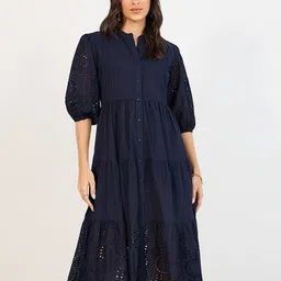 Styli Women Self Design Mandarin Collar Short Sleeves A-Line Midi Dress image 5