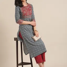 KALINI Women Geometric Printed Keyhole Neck Thread Work Kurta image 5