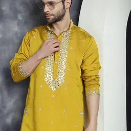 Jompers Geometric Embroidered Mandarin Collar Mirror Work Cotton Silk Straight Kurta image 3