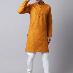 Kaifoo Men Mustard Yellow Embroidered Kurta image 4