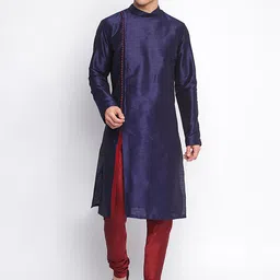 here&now x sanwara Sanwara Men Blue Solid Art Silk Straight Kurta-picture-29