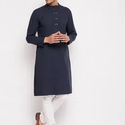 Hypernation Men Navy Blue Thread Work Kurta image 2