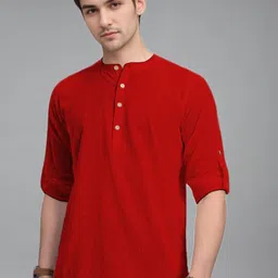 BHUVIKOO Band Collar Roll-Up Sleeves Straight Short Kurta-picture-30