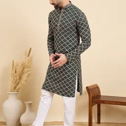 House of Pataudi Geometric Embroidered Thread Work Mandarin Collar Straight Kurta image 2