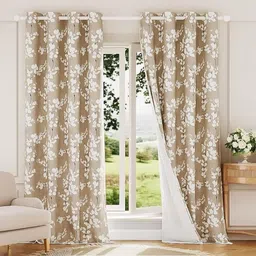 BFAM Brown & White Set of 2 Floral Black Out Door Curtain-picture-48