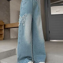 LULU & SKY Girls Wide Leg High-Rise Low Distress Light Fade Jeans-picture-37