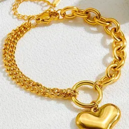 MEENAZ Gold-Plated Stainless Steel Anti Tarnish Heart Shaped Link Bracelet-picture-13