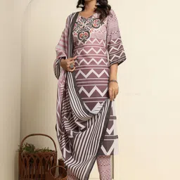 FLAMBOYANT Cotton Beige Printed Floral Motif Embellished V- Neck Kurta Pant & Dupatta image 5