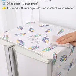 HOKIPO White & Blue Boho Feathers Waterproof Fridge Cover With 6 Side Pockets image 4