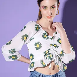 QIOA Women Floral Print Georgette Crop Top-image-34