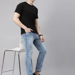 CINOCCI Men Blue Slim Fit Mildly Distressed Heavy Fade Stretchable Jeans image 5
