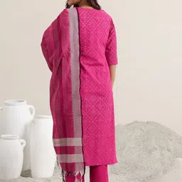 Libas Ethnic Motifs Printed V-Neck Thread Work Straight Kurta With Trousers & Dupatta image 2