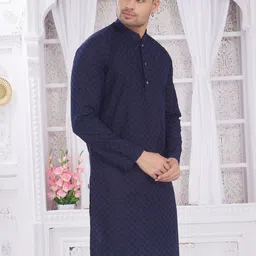 PulseIQ Men Navy Blue Embroidered Thread Work Mandarin Collar Cotton Kurta image 2