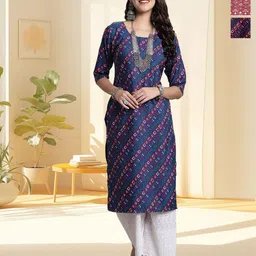 HERE&NOW Women Pack of 3 Ethnic Motifs Printed Daily Straight Kurtas-picture-41