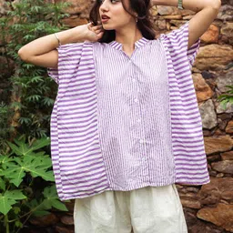 Satnam Handicrafts Striped Kimono Sleeves Band Collar Pure Cotton Kaftan Top-picture-30