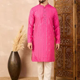 House of Pataudi Men Embroidered Sequinned Mandarin Collar Straight Kurta-picture-36