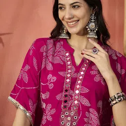 Sangria Pink Floral Printed Mandarin Collar Mirror Work Kaftan Kurta With Dhoti Pant image 2