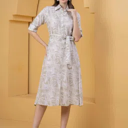 OH MI DIOS Women Leaf Printed Roll-Up Sleeves Shirt Midi Dress-image-10