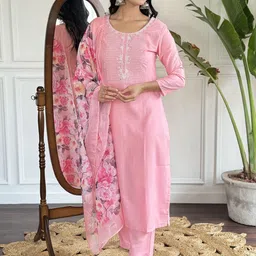 SHOPONBIT Ethnic Motifs Embroidered Straight Kurta With Trousers And Dupatta image 3